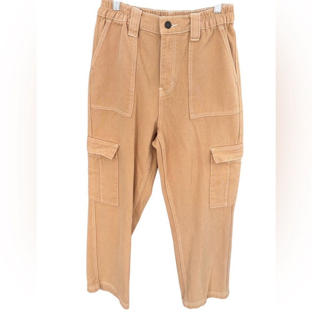 PACSUN tan high rise elastic waist 100% cotton twill cargo pants size Medium.